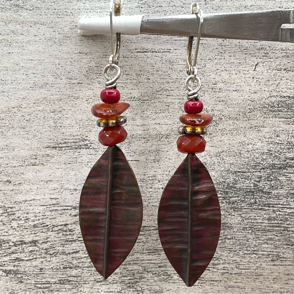 Beautiful Artisan Unsigned 925 Sterling Silver Amber Copper Leaf Earrings